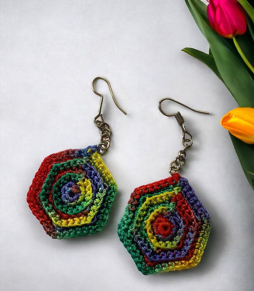 Rainbow Hexagon Crochet Earrings | Add a Pop of Color | Ace of Craft
