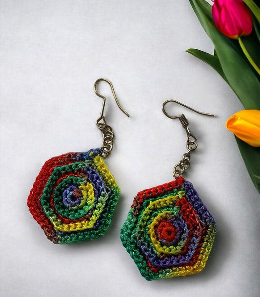 Rainbow Hexagon Crochet Earrings | Add a Pop of Color | Ace of Craft