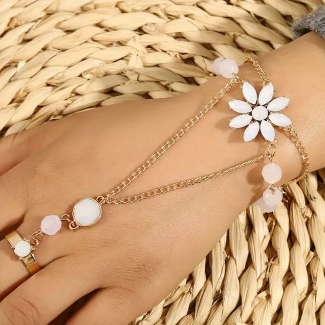 Beaded Flower Bracelet with Ring - Boho Chic Jewelry