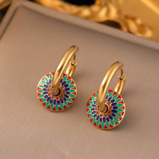 Retro Color Enamel Gold Hoop Earrings - Stylish Fashion Jewelry