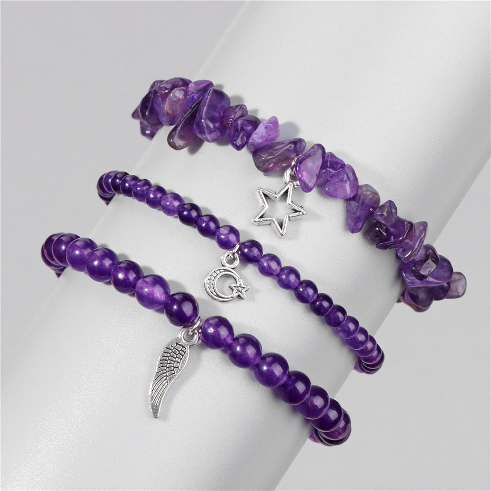 Amethyst Stone Beads Bracelet Set with Pendants