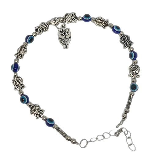 Evil Eye Anklet with Owl Oxidized Charms : Ace of Craft