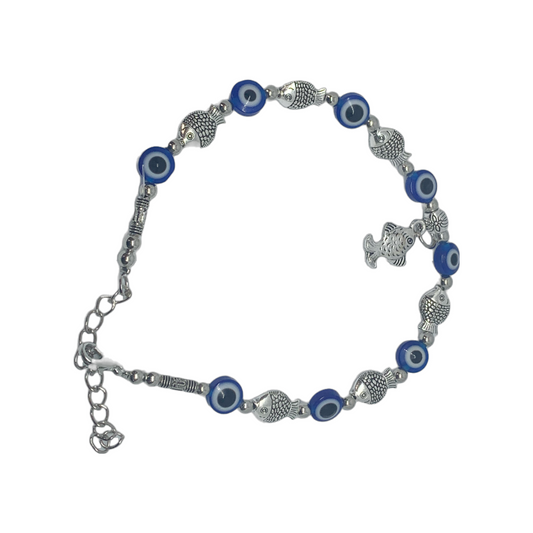 Evil Eye Anklet with Fish Oxidized Charms : Ace of Craft