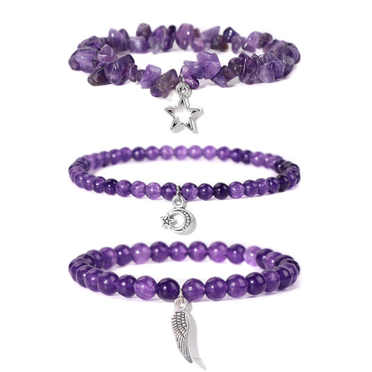 Amethyst Stone Beads Bracelet Set with Pendants